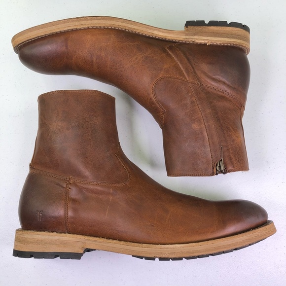 Frye Mens Bowery Inside Zip Tan Ankle Boots - Picture 2 of 9